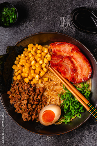 Obraz na płótnie A bowl of ramen with noodles, meat and green onions. w salonie