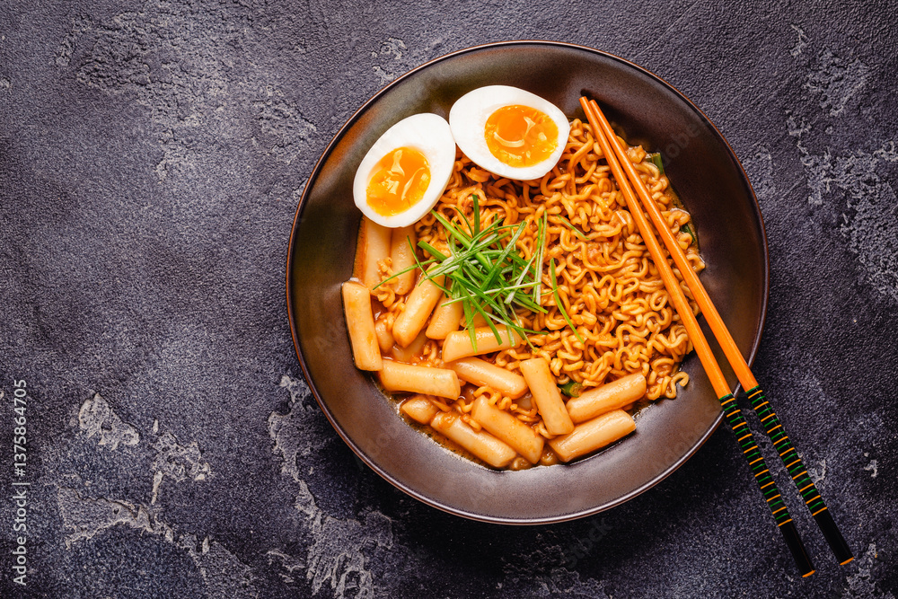 Spicy Rapokki - Korean tteokbokki rice cake and ramen noodle.