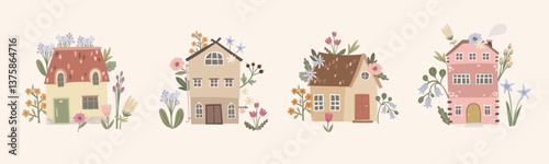 Hand-drawn vector illustration of cozy houses with flowers, blending cottagecore charm and homey details in a soft, whimsical style.