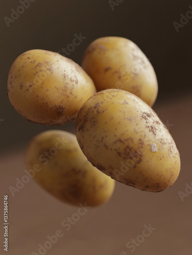 Photo realistic, potatoes with a a bit of dirt on them, studio setting, floating 