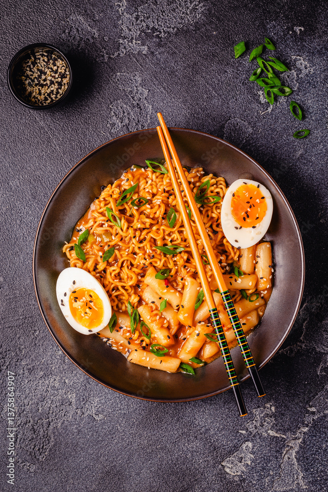 Spicy Rapokki - Korean tteokbokki rice cake and ramen noodle.