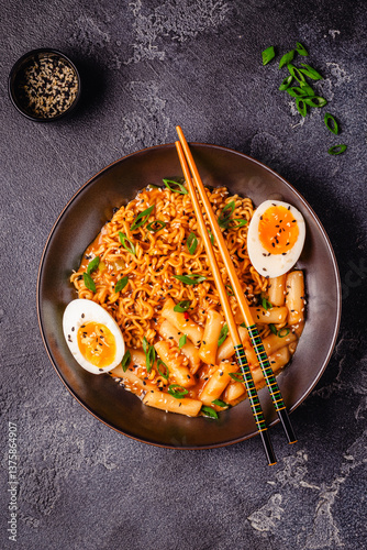 Obraz na płótnie Spicy Rapokki - Korean tteokbokki rice cake and ramen noodle. w salonie
