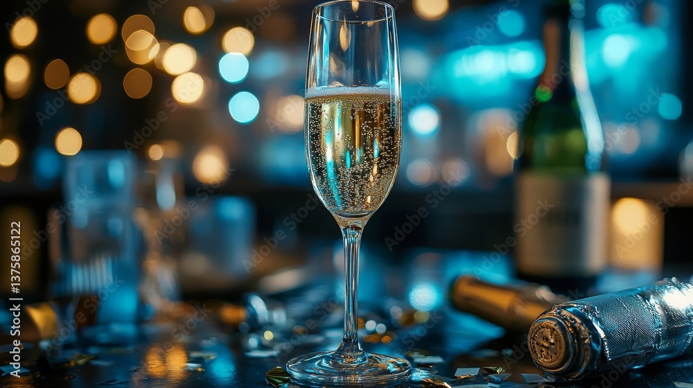 Close up of champagne glass with sparkling wine and festive lights in blue and gold after a night of celebration