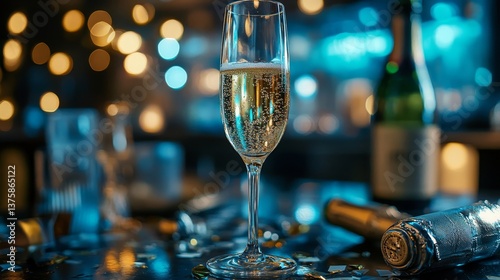 Obraz na płótnie Close up of champagne glass with sparkling wine and festive lights in blue and gold after a night of celebration w salonie