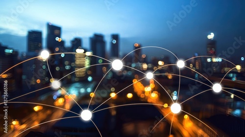 Networking technology event in urban cityscape during twilight focused on connectivity and innovation