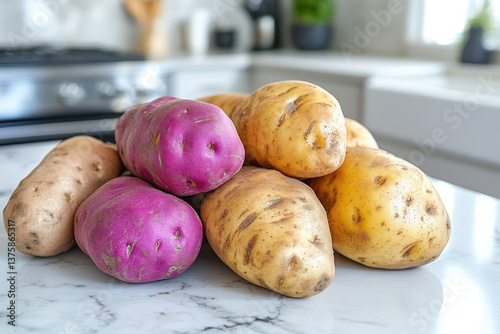 Sweet potatoes and potatoes on white clean kitchen countertop 
