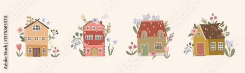 Hand-drawn vector illustration of cozy houses with flowers, blending cottagecore charm and homey details in a soft, whimsical style.