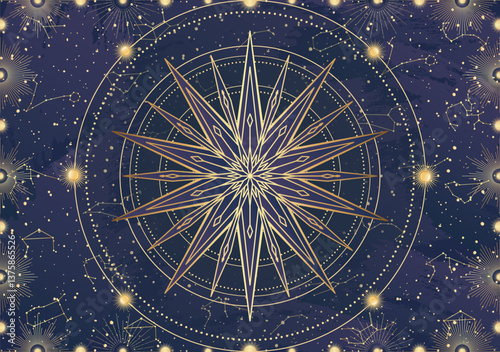 Wallpaper Mural Card of golden star, sunburst, light rays, Sun. Constellation celestial space. Zodiac horoscope symbol, astrology talisman, spiritual sign, mystical icon, emblem. Magic galaxy vector illustration Torontodigital.ca