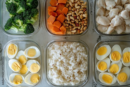 A photo of different meal Vogue boxes with chicken, rice, and vegetables in glass containers on the table