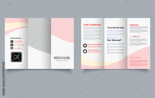 Corporate Trifold brochure template with peach color waves. Editable image.