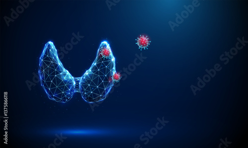 Blue human thyroid gland with red viruses flying around. Thyroid disease, viral infection impact, medical diagnosis, treatment, healthcare protection concept.
