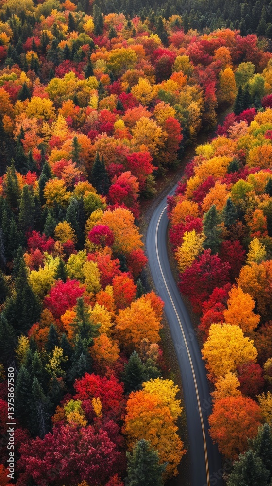 winding road cutting through vibrant autumn forest with colorful foliage in shades of red orange and yellow seen from above