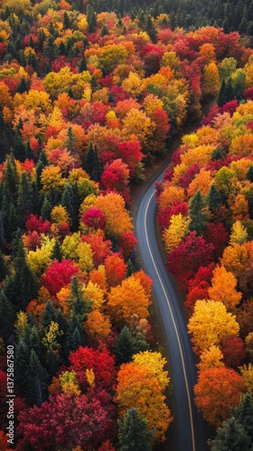 Obraz na płótnie winding road cutting through vibrant autumn forest with colorful foliage in shades of red orange and yellow seen from above w salonie