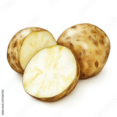 A cut potato, pure white background, authentic hand-painted style