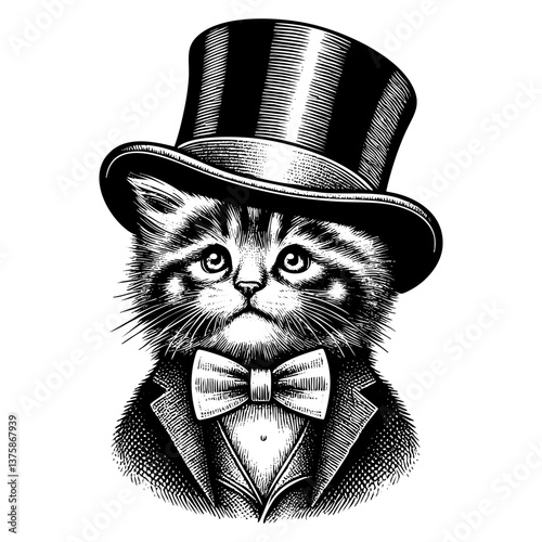 Cat wear gentleman suit engraving black and white outline. Scratch board imitation.  illustrated in vintage line art style on a white background.
