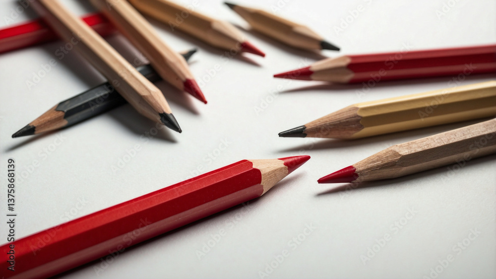 Row of Black Pencils with One Striking Red Pencil on White Background Row of Black Pencils with One Striking Red Pencil on White Background