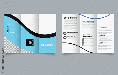 Corporate Trifold brochure template with blue waves. Editable image.