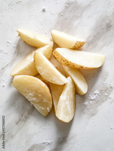 Peeled potato wedges covered the whole white tabletop, 