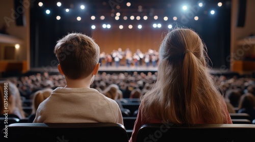 Parents watching their child perform on stage at a school event