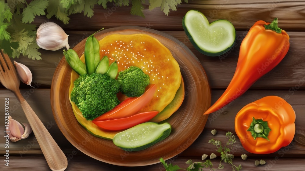 Delicious Vegetarian Crepes with Fresh Vegetables on Rustic Wooden Table Setting Delicious Vegetarian Crepes with Fresh Vegetables on Rustic Wooden Table Setting