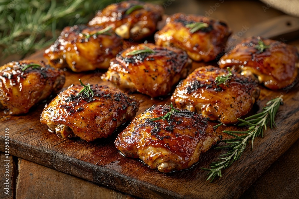 Grilled Chicken Thighs Glazed with Barbecue Sauce on a Wooden Cutting Board Grilled Chicken Thighs Glazed with Barbecue Sauce on a Wooden Cutting Board