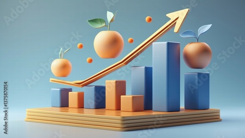 Growth Chart with Oranges: 3D Render