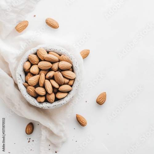 Fresh natural almonds, white background, top view, 