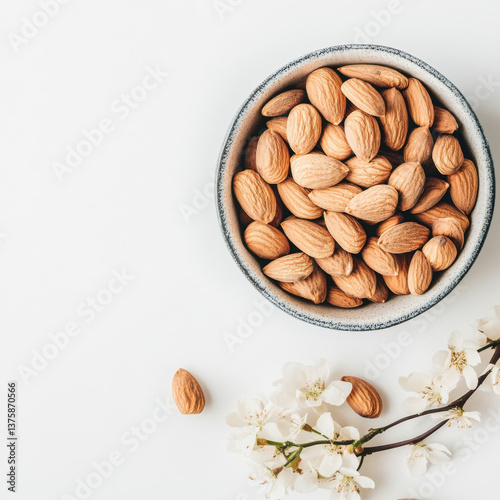 Fresh natural almonds, white background, top view, 