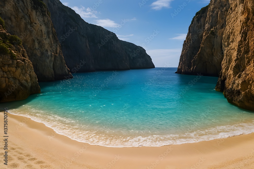 Serene beach surrounded by towering cliffs and clear turquoise waters. Serene beach surrounded by towering cliffs and clear turquoise waters.