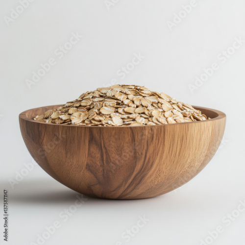 a wooden bowl filled with rolled oats,