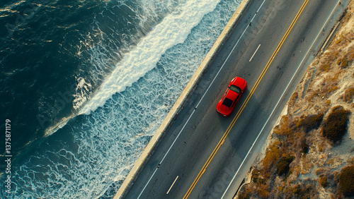 Aerial drone view of a car driving along a coastal highway
