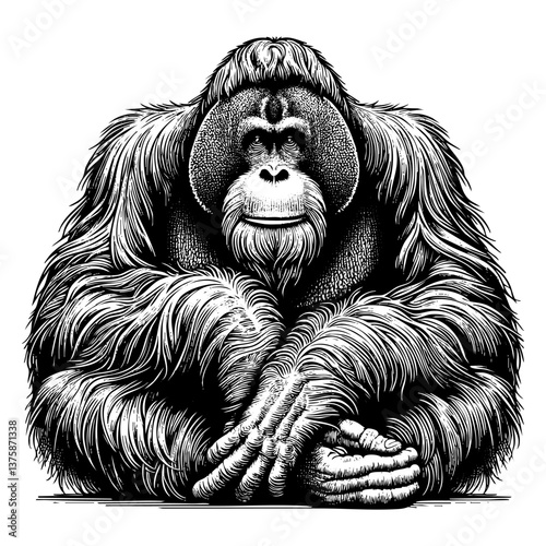 Orangutan sketch engraving black and white outline. Scratch board imitation.  illustrated in vintage line art style on a white background.