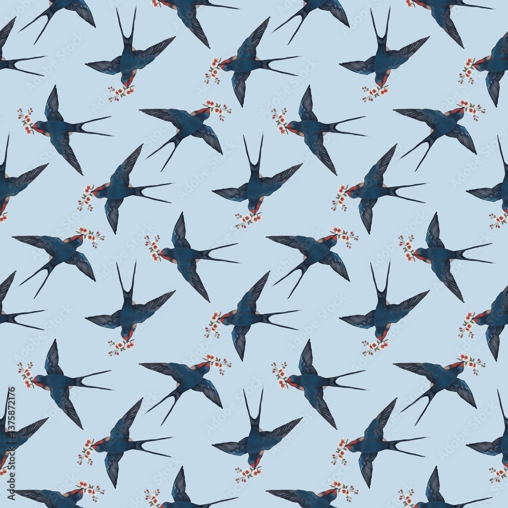 Fototapeta premium A seamless pattern featuring elegant swallows in flight, each carrying a delicate red rose with green leaves in their beaks. The birds are illustrated in deep blue hues, creating a vintage and romanti