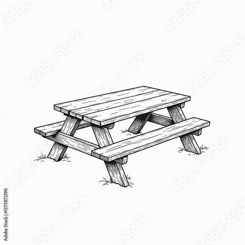 Beautiful wooden picnic table rests in a serene grassy landscape