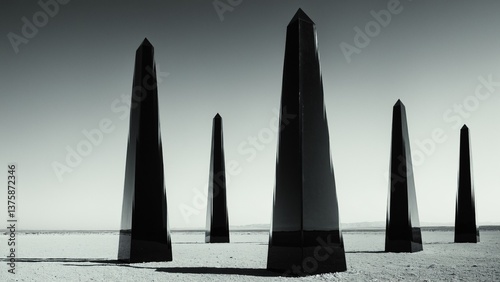 Stark Monoliths Ascend from Desert Sands: An Eerie Black and White Landscape Evoking Mystery and Striking Visual Contrast