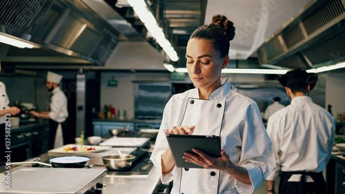 Sous chef managing orders on a tablet in a busy restaurant kitchen