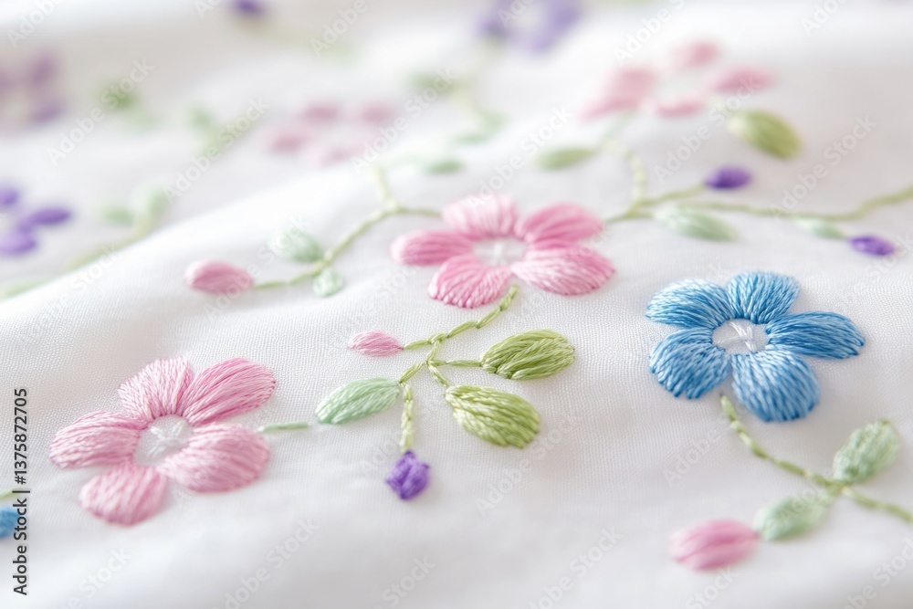 Delicate pastel flower embroidery on white fabric, showcasing intricate needlework and soft colors. Delicate pastel flower embroidery on white fabric, showcasing intricate needlework and soft colors.
