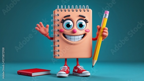Cartoon Notepad Character with Pencil and Book