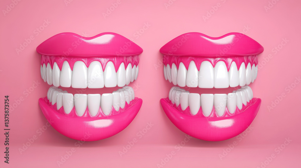 vibrant display of oversized pink lips showcasing perfect white teeth, creating playful and cheerful atmosphere vibrant display of oversized pink lips showcasing perfect white teeth, creating playful and cheerful atmosphere