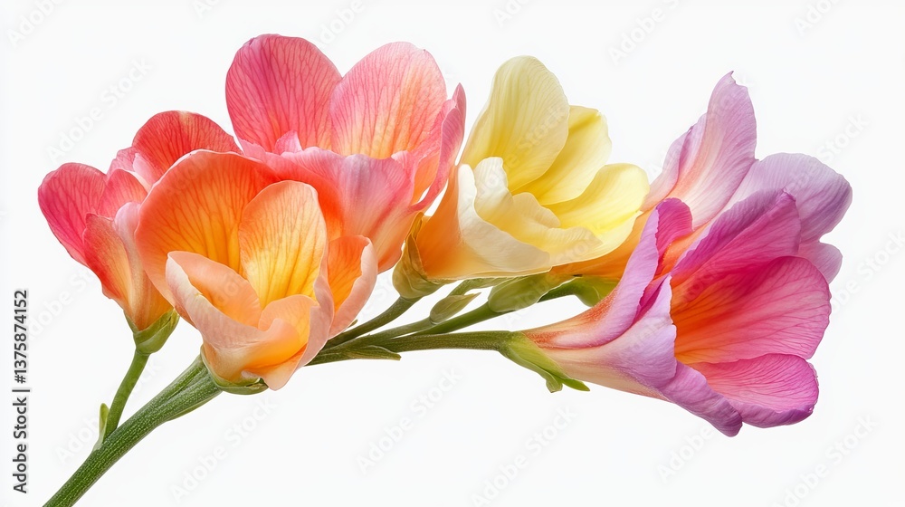 Naklejka premium Beautiful Freesia Flowers Bouquet Soft Pastel Colors Delicate Petals Spring Blossom Floral Arrangement Elegant Nature Photography Vivid Botanical 