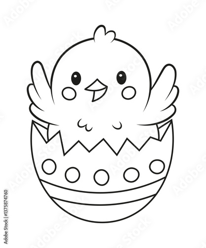 Coloring page with Easter egg and chick.