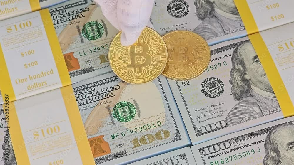 Money and Bitcoin comparison on a table showcasing cash and cryptocurrency