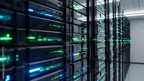 Server Racks with Colorful LED Lights in a Data Center
