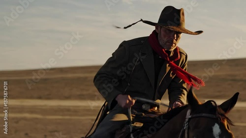 Cowboy Riding a Horse Across an Open Prairie