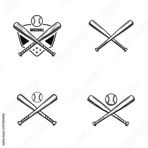 Vintage black and white baseball logo set with crossed bats and ball in different design variations