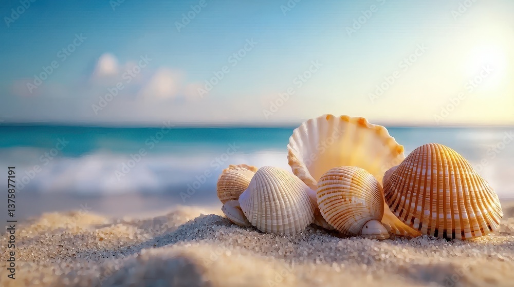 A serene beach scene featuring various colorful seashells resting on soft sand with gentle waves in the background. A serene beach scene featuring various colorful seashells resting on soft sand with gentle waves in the background.