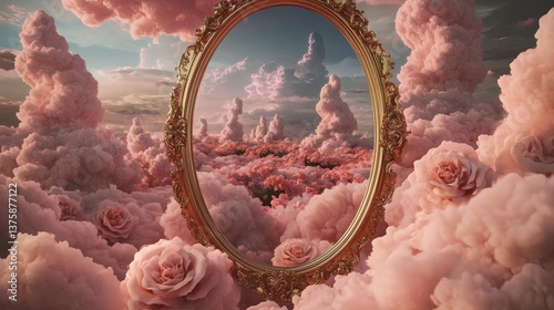 A surreal landscape featuring a stunning ornate mirror surrounded by whimsical pink clouds and blooming roses, reflecting a dreamlike fusion of beauty and imagination.