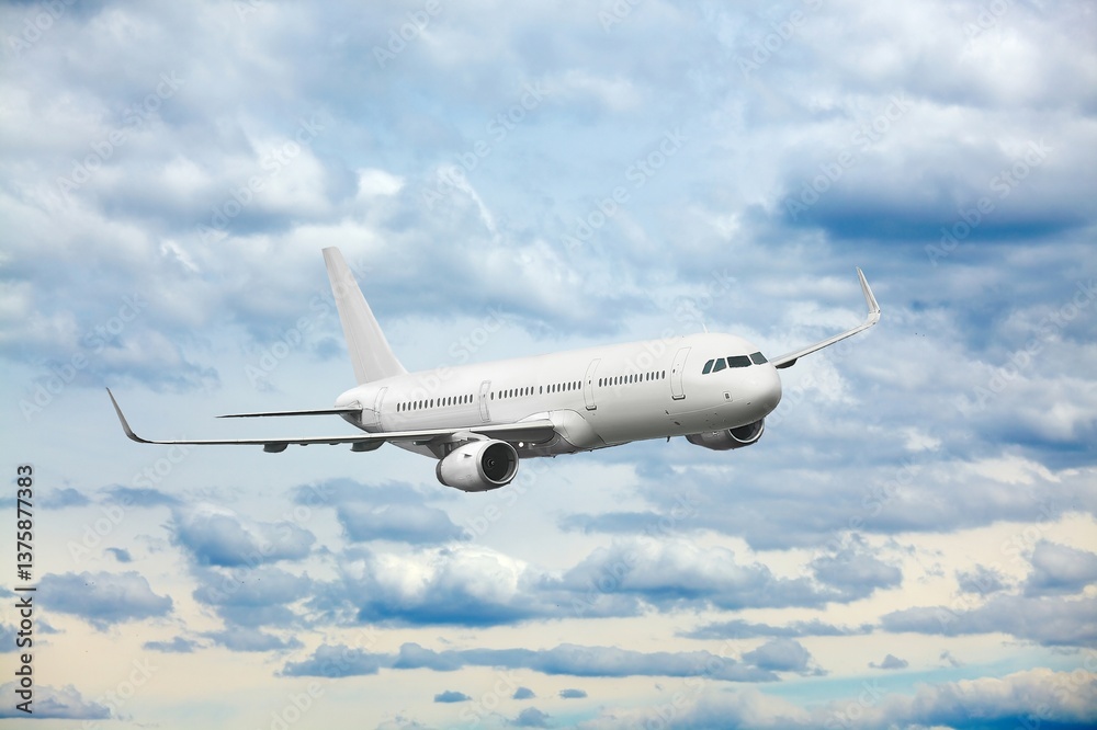 Fototapeta premium Passenger Aircraft Mid-air, Plain White Airplane