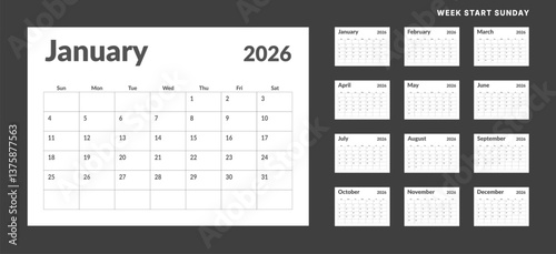 2026 Calendar Planner Set of Template 12 Monthly Page for Corporate or Personal use. Vector layout of wall or desk organizer for print in monochrome color. Week start Sunday. Page size A4 -21x29.7 cm