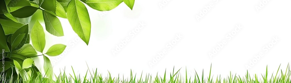 Fototapeta premium Lush green leaves & grass border; nature background; website, card design